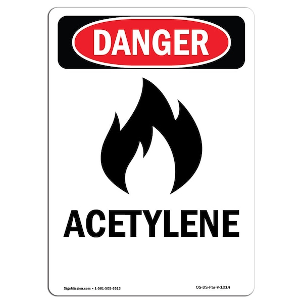 Safety Sign, OSHA Danger, 5" Height, Acetylene, Portrait, 10PK